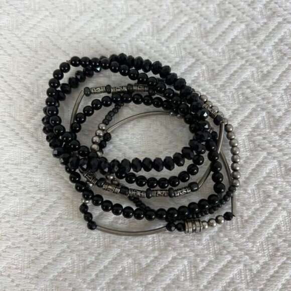 Vintage Lot Black Silver Tone Beaded Layered Statement Bracelets Boho Grunge - Picture 7 of 9